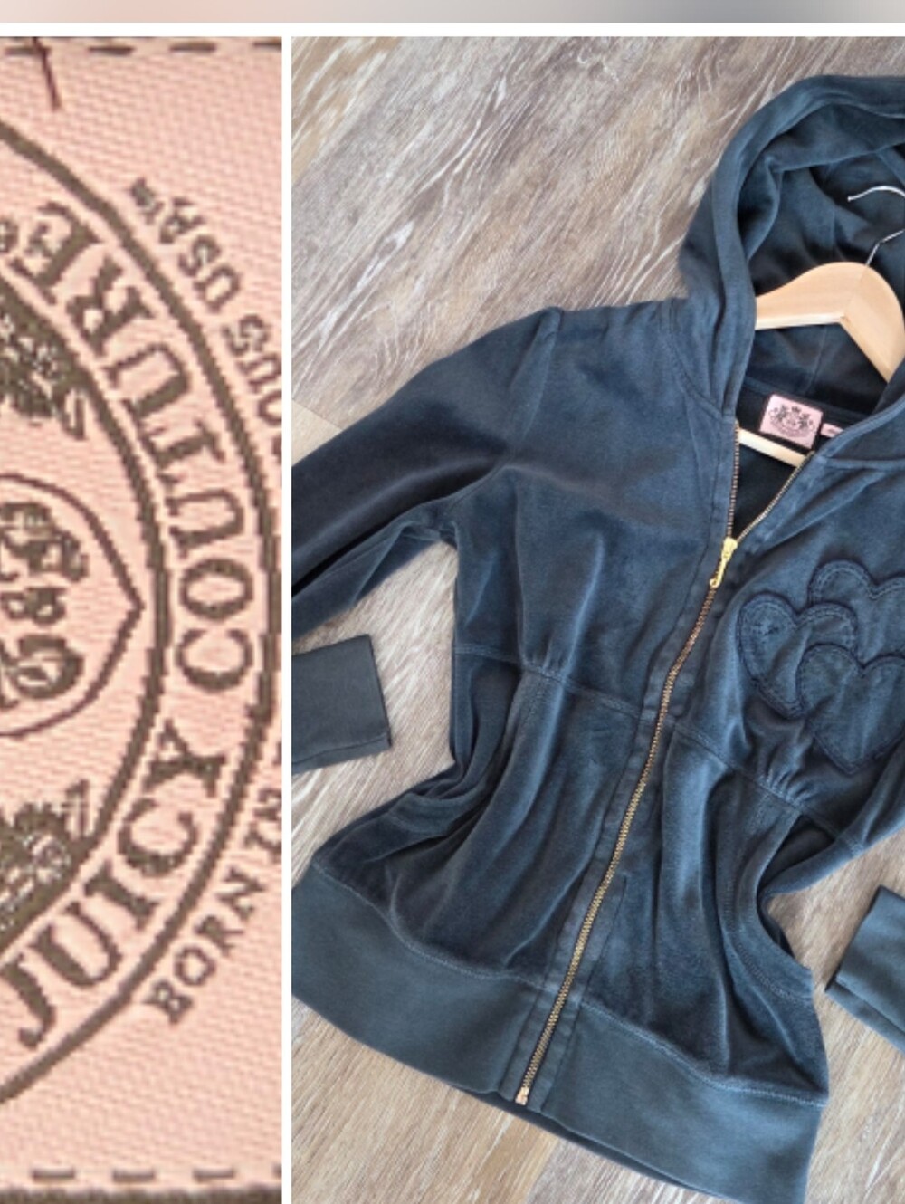 Juicy Couture Vintage Charcoal Velvet Velour Zip-Up Hoodie Heart Applique HTF